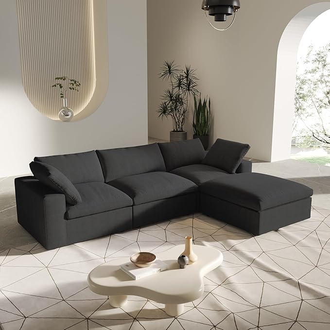 L-Shaped Cloud Sectional Couch, Black Modular Sectional Sofa, Modern Comfy Cloud Sofa with Storage Ottoman, Covers Removable, Convertible Sleeper Couch for Living Room Apartment (Linen Fabric)