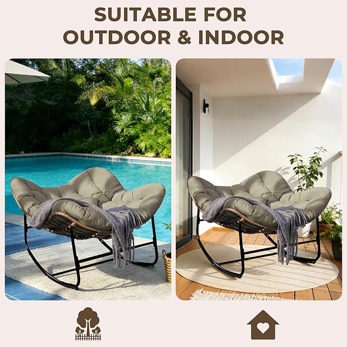 Sgentle Papasan Rocking Chair for Outdoor & Indoor, Oversized Patio Rocking Chair with Cushions & Steel Frame, Wicker Egg Lounge Chair, Comfy Reading Chair for Patio, Deck, Porch (Khaki, Style 2)