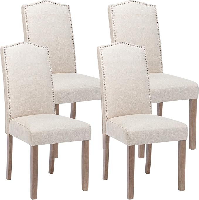 SNUGWAY Upholstered Dining Chair Stylish Parsons Kitchen High Back with Silver Nailhead Trim & Wood Legs, 4-Pack, Fabric Beige