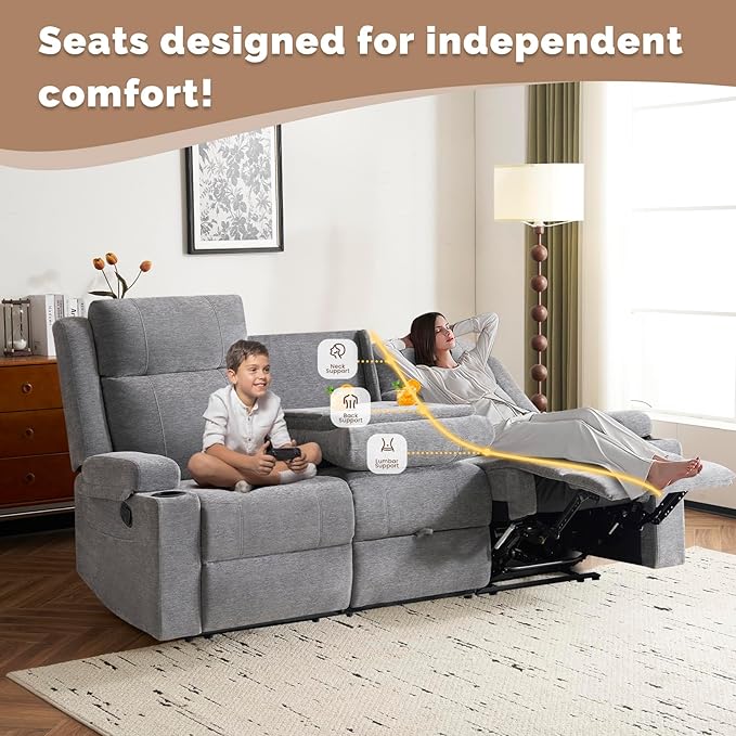 PALLOME 2 Piece Living Room Sofá Set, Modern Chenille Reclining Sofa Set with Convertible Center Console & Storage Ottoman, Space-Saving Couch for Home/Bedroom/Apartment (Grey)