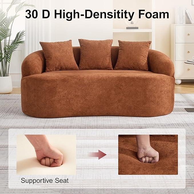 Abbrevi 65" Curved Loveseat Sofa, Deep Seat Love Seat Couches with 3 Throw Pillows, Modern 2 Seater Boneless Curved Couch, Compressed Floor Sofa for Living Room Small Spaces, No Assembly, Orange