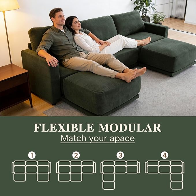 CAPCAPA 112" Modular Sectional Couches for Living Room, U-Shaped Modern Sofa with Ottomans, 5-Piece Chenille Sofa Set for Home Furniture, Dark Green