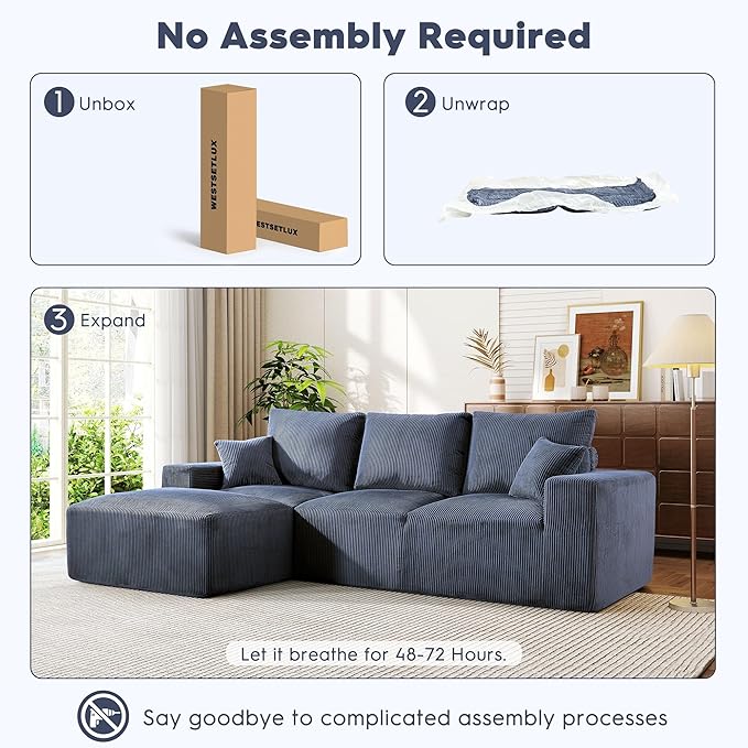 WESTSETLUX 108” Cloud Sectional Sofa Couch with High-Seat, Corduroy Modular Sofa with Oversized Chaise, High-Back Modern L-Shaped Couches for Living Room, No Assembly Required (Blue)