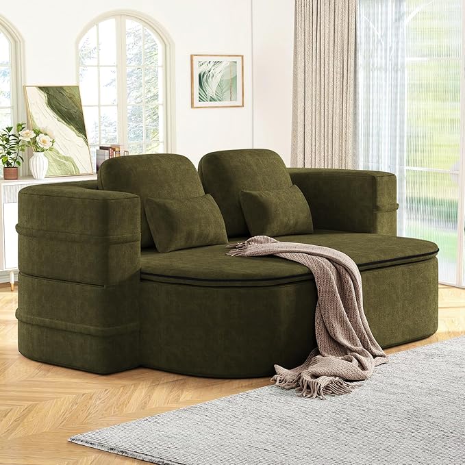 Antetek Convertible Sleeper Sofa, Modern Folding Futon Chenille Floor Foam Compression Loveseat Sofa Bed Couch, Foldable Full Size Guest Bed with 4 Pillows for Living Room Bedroom Apartment, Green