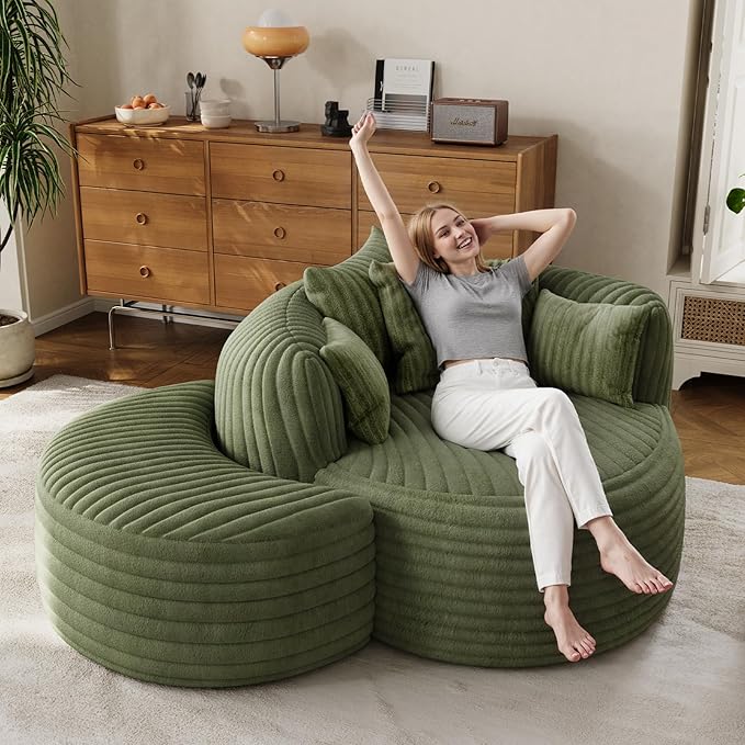 50" W Oversized Round Chaise Lounge Chair with Ottoman Indoor Boneless Plush Fluffy Corduroy Circle Couch Soft Comfy Cozy Cloud Reading Chair for Living Room, Playroom, Bedroom - Green