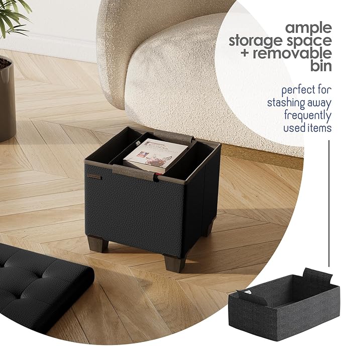 Storage Ottoman Cube with Small Bin, 16-in Square Ottoman with Storage for Living Room and Bedroom, Small Ottomans Foot Rest, Faux Leather Foot Stools Ottomans Max 330lbs, Black