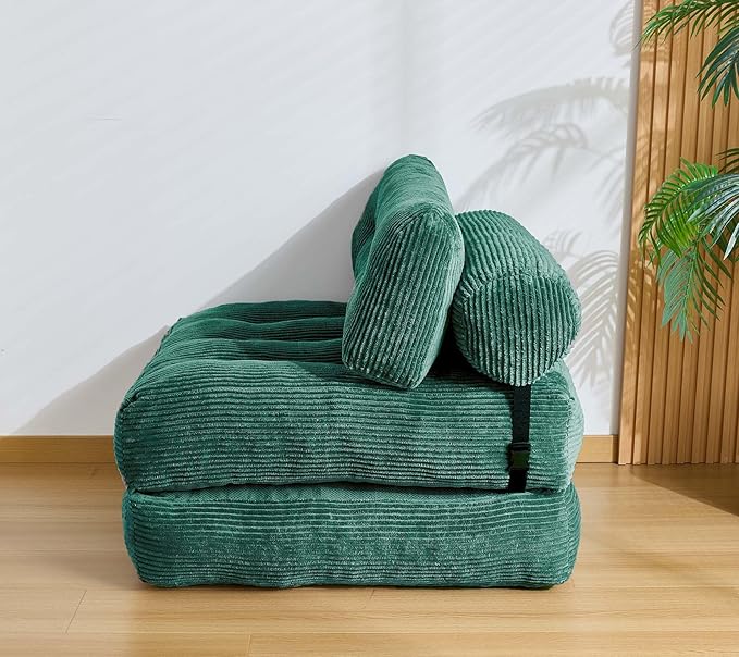 Kisoy Folding Sofa Bed, Convertible Sleeper Chair Couch Bed Faux Rabbit Fur for Adults, with Back Support Floor Couch Comfy Floor Sofa for Living Room Bedroom, Dark Green, Single
