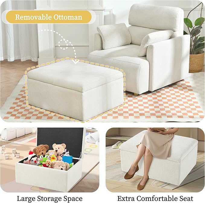 QKFF Modern Oversized Accent Chair with Storage Ottoman & Side Pillows, Snowflake Fleece Upholstered Chaise Lounge Chair, Deep Seat Reading Chair for Living Room, 350lbs Capacity