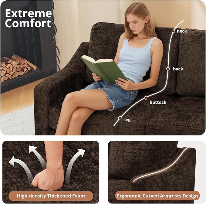 ACMEASE 67 Inches Chenille 2-Seat Sofa w/Comfortable Back Cushions, Modern Love Seat w/Deep Seat Space, Upholstered 2 Seater Couch w/High Resiliency Foam for Living Room, Office, Brown
