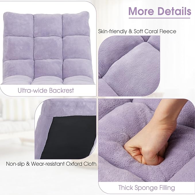 S AFSTAR Cushioned Floor Chair, 14-Position Adjustable Padded Lazy Recliner with Comfortable Back Support and Skin-Friendly Cover, Great for Reading, Playing Game, Meditating (Light Purple)