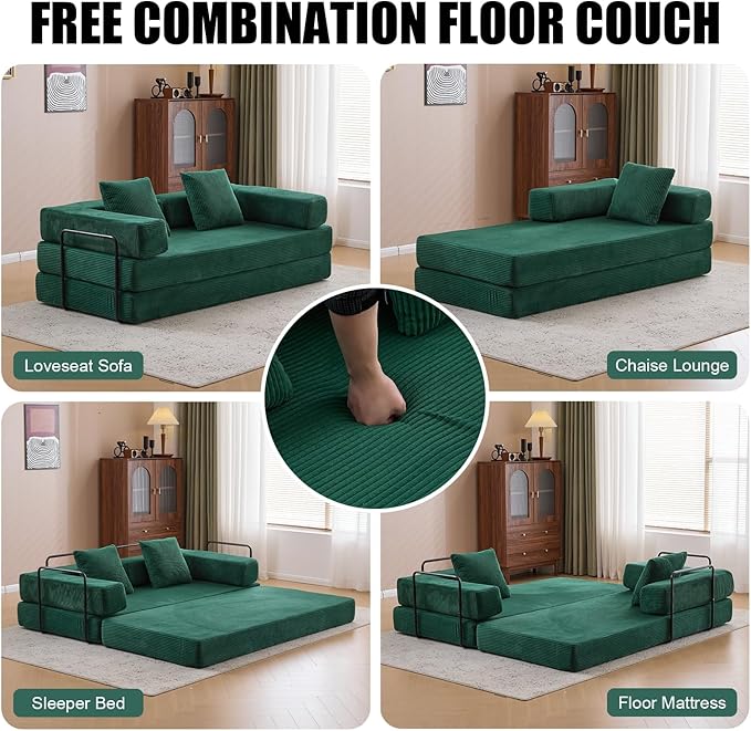 77" Convertible Foldable Floor Couch, 3-Seat Futon Sleeper Sofa for Living Room, Bedroom, or Apartment, with Pillow Backrest and Armrests, Corduroy Fabric, No Assembly Required, Dark Green