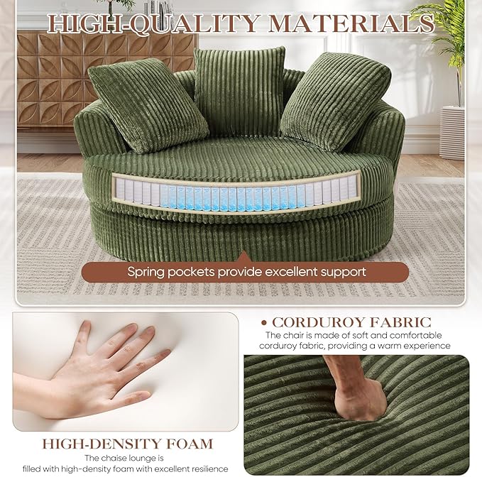 61"W Oversized Round Chaise Lounge Chair Indoor, Upholstered Corduroy Large Circle Boneless Chair with Deep Seat, No Assembly Required, Modern Comfy Cloud Sofa Chairs for Living Room, Bedroom(Green)