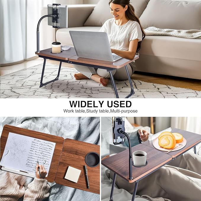 wishacc 28.7" Extra Large Adjustable Laptop Desk Stand with Phone Mount, Wooden Desktop, Portable Design