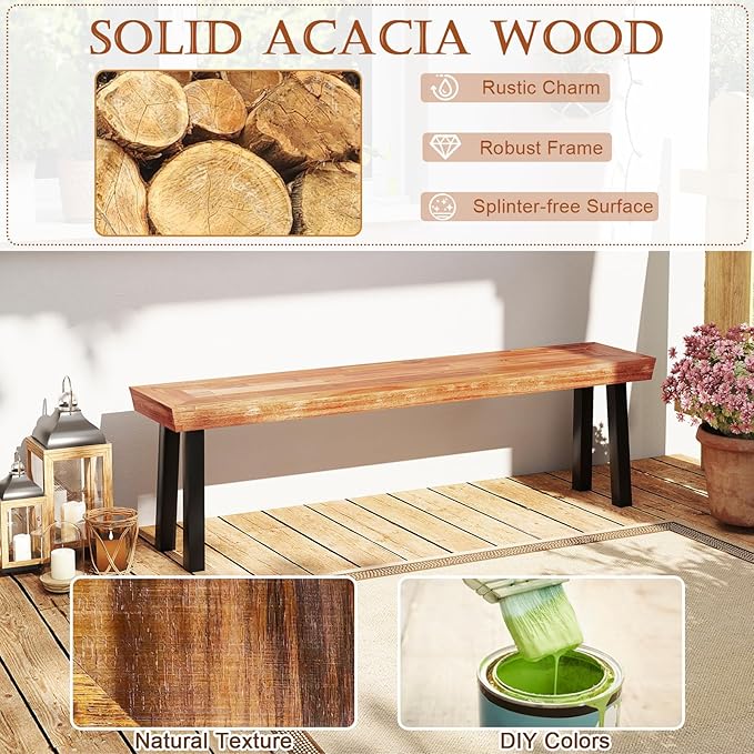 RELAX4LIFE 60’’ Outdoor Bench Acacia Wood - 2-3 Person Backless Patio Seat with Heavy Duty Metal Frame, Wooden Picnic Dining Garden Bench for Outside Backyard Park Porch, 800 LBS Weight Capacity (2)