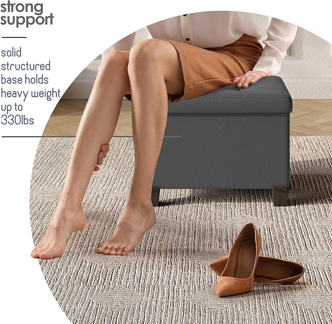 Storage Ottoman Cube with Small Bin, 16-in Square Ottoman with Storage for Living Room and Bedroom, Small Ottomans Foot Rest, Faux Leather Foot Stools Ottomans Max 330lbs, Grey
