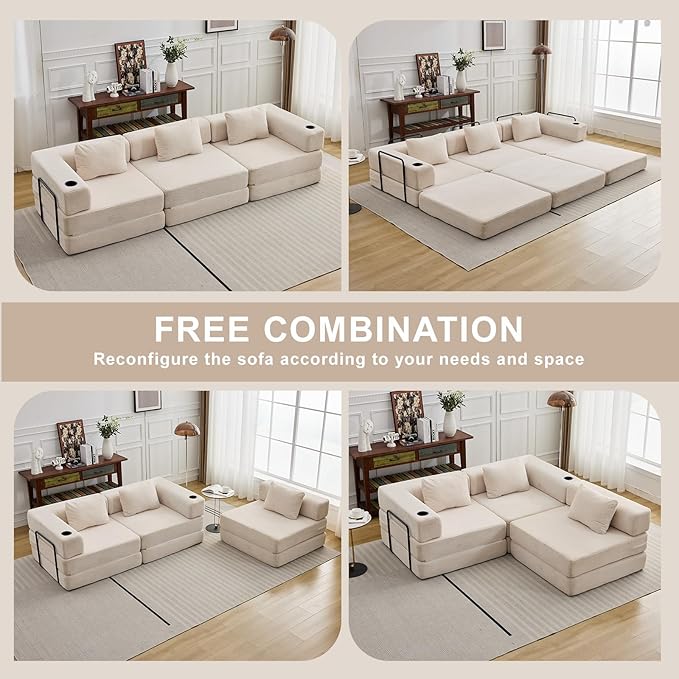 118" Oversized Convertible Floor Sofa Bed, Boneless Foldable Mattress Cloud Couch with Pillow Back & Armrest, Fold Out Floor Couch with Cup Holder for Living Room Bedroom Lounge, Corduroy, White