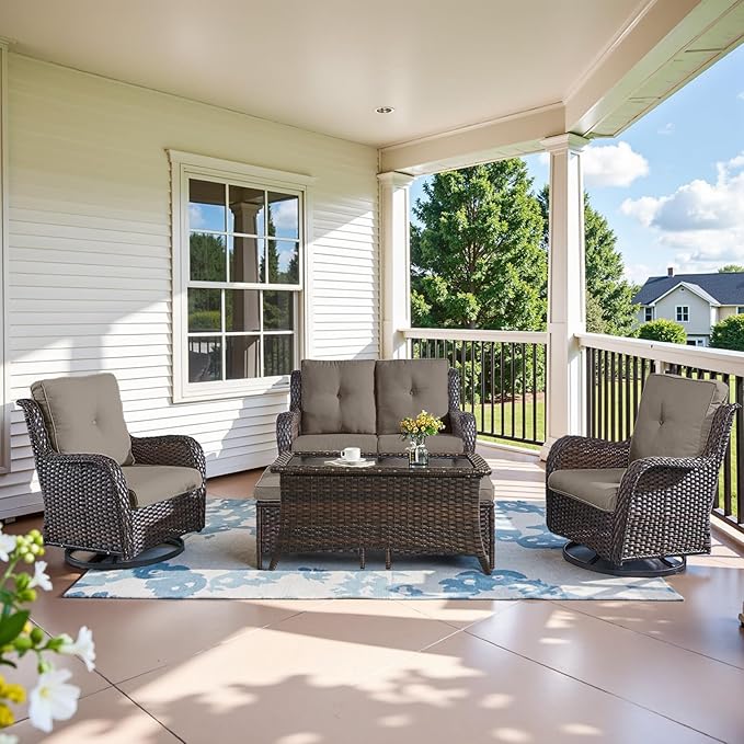 Belord Wicker Outdoor Furniture Patio Furniture Set - 6 Piece Patio Conversation Set with Swivel Rocker Chairs, Loveseat Sofa, Ottomans and Coffee Table, Gray Cushion