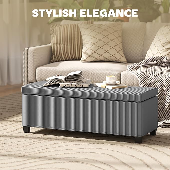 HOMCOM 44 Inches Storage Ottoman Bench, End of Bed Bench with Removable Lid, Legs, Corduroy Storage Chest Foot Rest, Padded Seat, for Living Room, Bedroom, Entryway, Gray