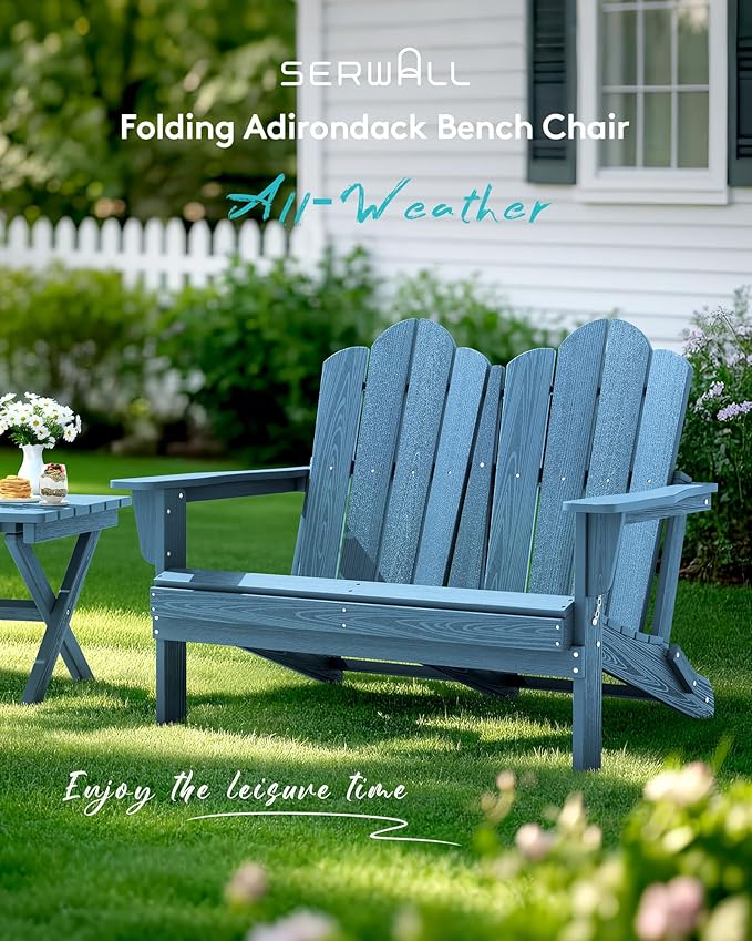 SERWALL 3 Pieces Patio Adirondack Bench Set, 2 Folding Adirondack Bench and 1 Coffee Table Set for Front Porch Garden Balcony Backyard, Navy