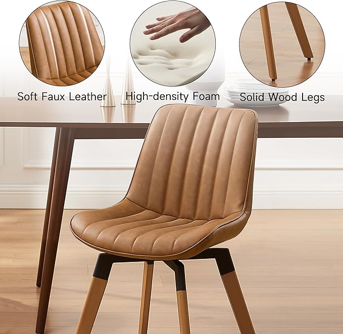 Art Leon Swivel Dining Chairs Set of 2, Mid Century Modern Kitchen Dining Room Chairs, Upholstered Faux Leather Armless Side Chair with Wood Legs for Living Room Bedroom, Red Brown