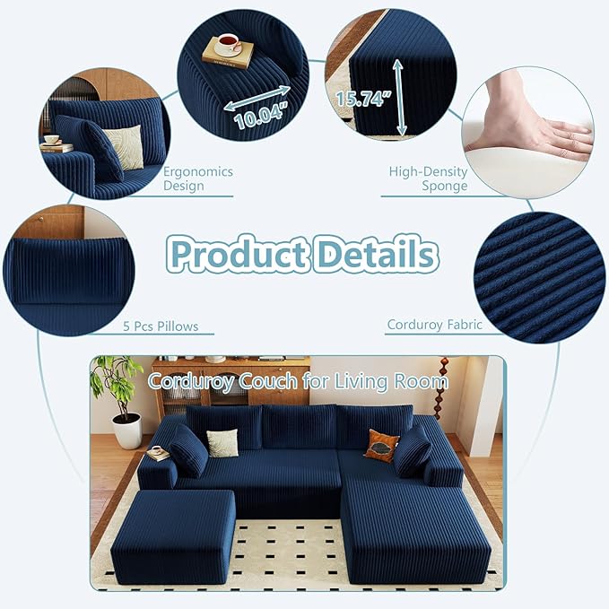 96" W Cloud Sectional Couch with Ottoman,Modern U-Shaped Cloud Couch with Deep Seat,Comfy Corduroy 3-Seater Sofa,Memory Foam Sofa for Living Room,No Assembly (Blue,Right-Facing Chaise)