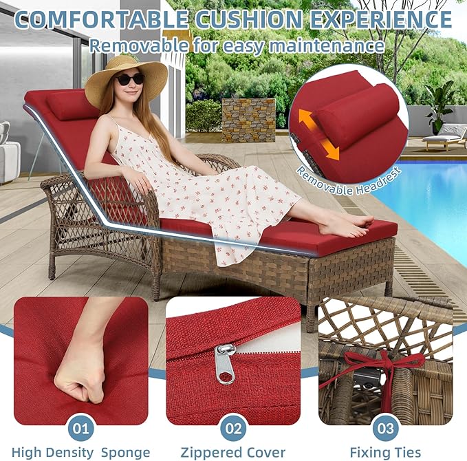 WINGTU Outdoor Chaise Lounge Chair, PE Wicker Long Recliner Patio Lounge Chair with Cushion, 6-Position Patio Reclining Sun Lounger with Adjustable Backrest for Poolside, Armrest & Pillow, Red