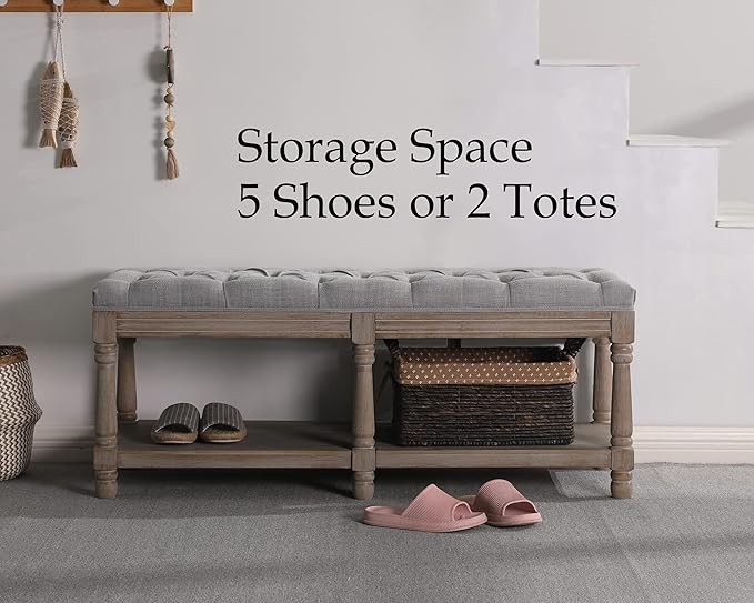 Farmhouse Storage Bench Wooden Entryway Upholstered Tufted Ottoman Bench for Bedroom End of Bed Hallway Organizer, Grey