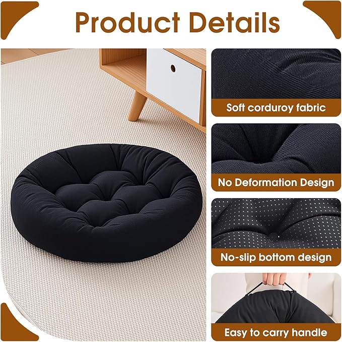 2Pcs Floor Pillows for Adults, 22x22x6 Inch Meditation Cushions, Large Round Sitting Cushion Living Room Memory Foam Pillow for Sitting (2, Black, 22x22x6 Inch)