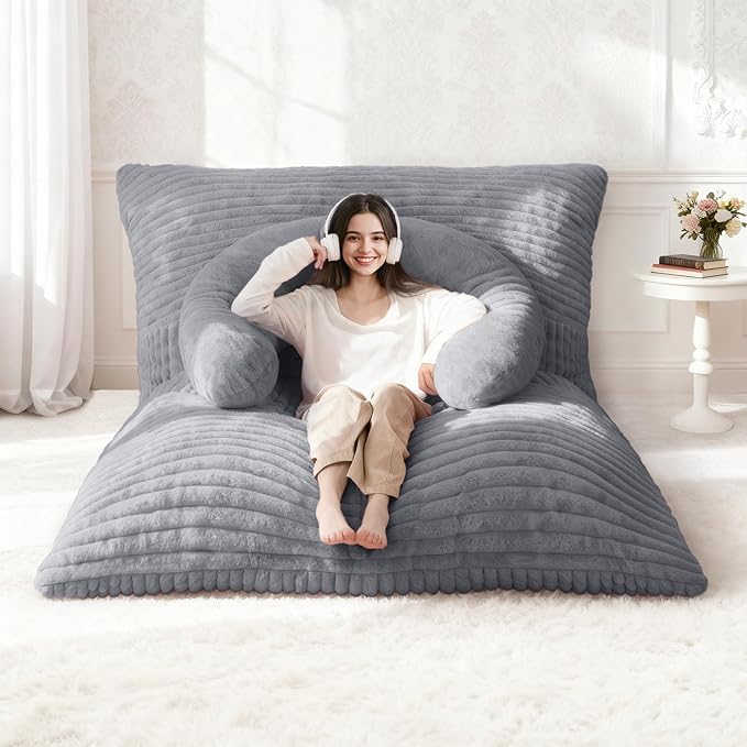 Homguava Giant Bean Bag Chair for Adults with Pillow, 4 in 1 Convertible Floor Cushion for Adluts, Memory Foamed Bean Bag Lounger with Washable Cover for Living Room, Bedroom