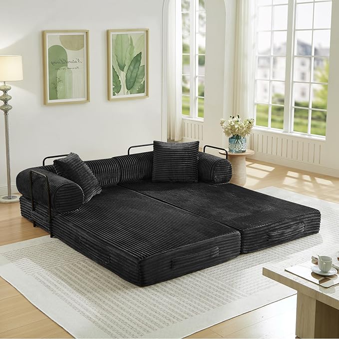 Modular Couch Bed, Convertible Folding Plush Corduroy Comfy Floor Memory Foam Compression Loveseat Sleeper Sofa Couch, King Size Bed for Guest Room Living Room Bedroom, No Assembly Required, Black