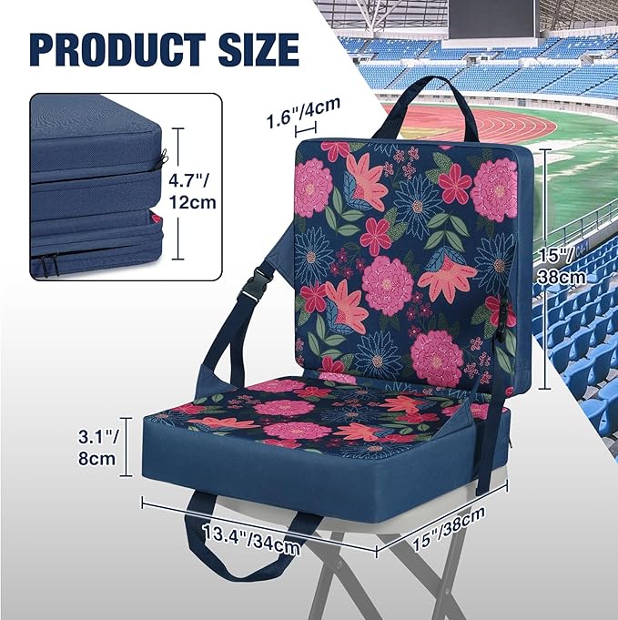 REDCAMP Portable Stadium Seat Bleacher Cushion, Folding Stadium Seats Ground Chair with Back for Camping Fishing Concert, Water Resistant, Black/Navy/Green