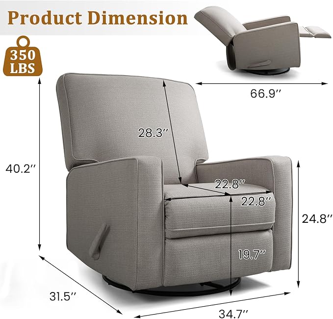 KeyEnergy Swivel Rocker Recliner Chair for Adults, High Back Fabric Recliner with Deep Seat, Manual Glider for Living Room & Nursery, Grey