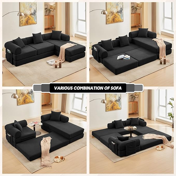 L Shaped Convertible Modular Sofa Bed with Cylindrical Pillow & Reversible Chaise, Corduroy Folding Floor Sofa Couch Bed with Fixed-Shape Frame & Storage Pocket for Living Room, Black