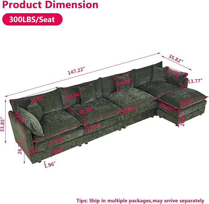 Aoowow Modular Sectional Sofa Modern Convertible L Shaped Couch,147.2 Inch Deep 4-Seater Sofas Set Comfy Chenille Cloud Sofas and Couches with Movable Ottoman for Living Room Apartment（Green）