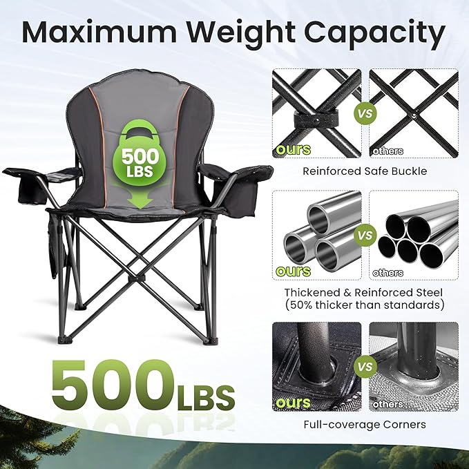 Oversized Camping Chair Heavy Duty 500LB - Portable Folding Chair with Cooler Bag, Cup Holder & Waterproof Phone Case for Adults, Beach, Hiking, Backyard (Black & Gray, 2 PCS)