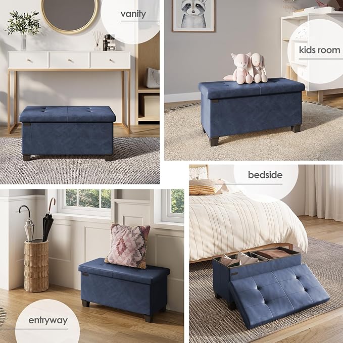 Storage Ottoman Bench with Bins, 30-in Storage Bench for Bedroom End of Bed, Folding Foot Rest Ottoman for Living Room Max 660lbs, Faux Leather Ottomans, Blue