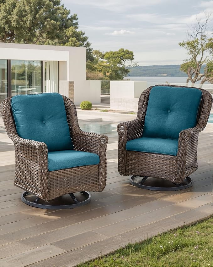 ACTREST Patio Chairs Outdoor Swivel Glider - Set of 2 High Back Outside Brown Wicker Rattan Rocking Chair with Zippered Cushion for Porch Apartment Deck Yard Poolside Garden - Peacock Blue