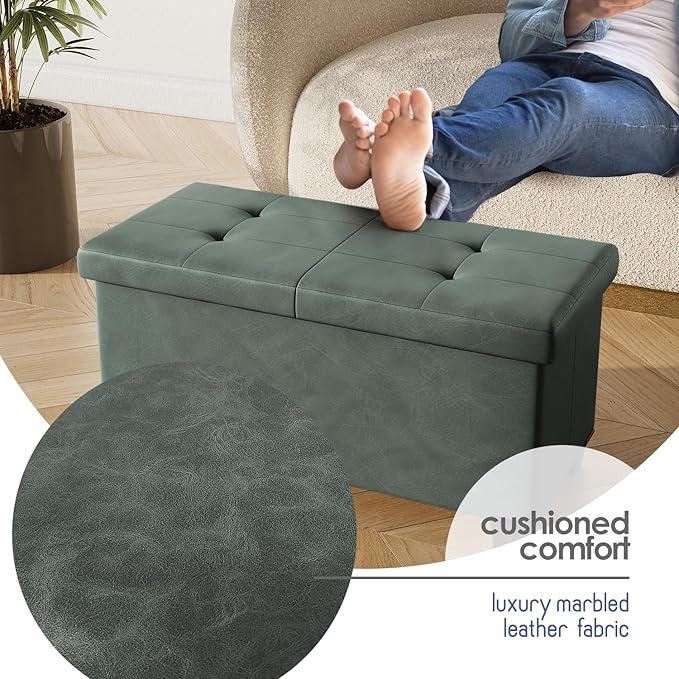Storage Ottoman Bench with Bins, 30-in Storage Bench for Bedroom End of Bed, Folding Foot Rest Ottoman for Living Room Max 660lbs, Faux Leather Ottomans, Green