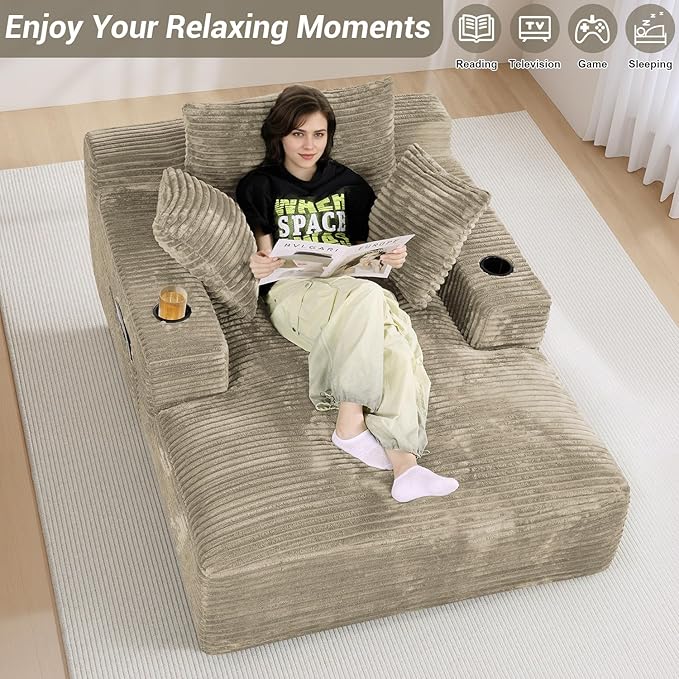 50"W x 68"D Oversized Chaise Lounge Chair Indoor Boneless Reading Chair Plush Corduroy Recliner with Cup Holders Large Deep Seat Comfy Sofa Bed with 3 Pillows for Living Room Bedroom, Light Camel