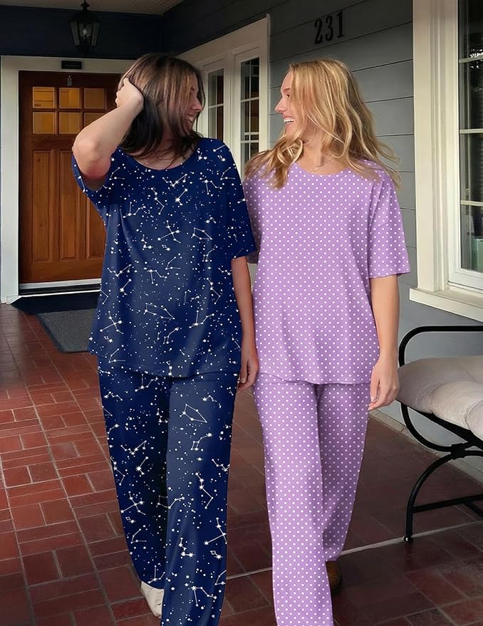 Ekouaer 2 Pack Womens Pajama Sets Short Sleeve Tops and Long Pants Casual Comfy Pjs Lounge Set with Pockets,S-XXL