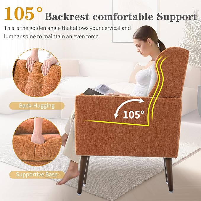 QKFF Modern Accent Chair, Upholstered Armchair with Pillow, Fabric Single Sofa Chair with Lounge Seat and Wood Legs Accent Chair for Living Room Bedroom Small Spaces (Orange, Set of 1)