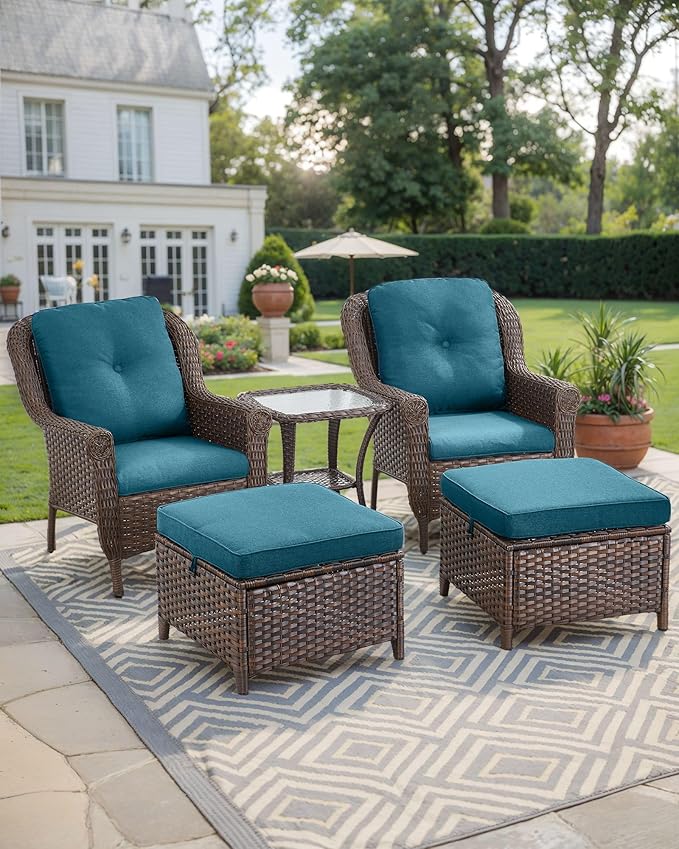 ACTREST 3 Piece Patio Brown Wicker Chairs with Side Table - Outdoor High Back Heavy Duty All-Weather Lawn Dining Rattan Chair Conversation Bistro Set for Deck Porch Balcony Garden - Peacock Blue