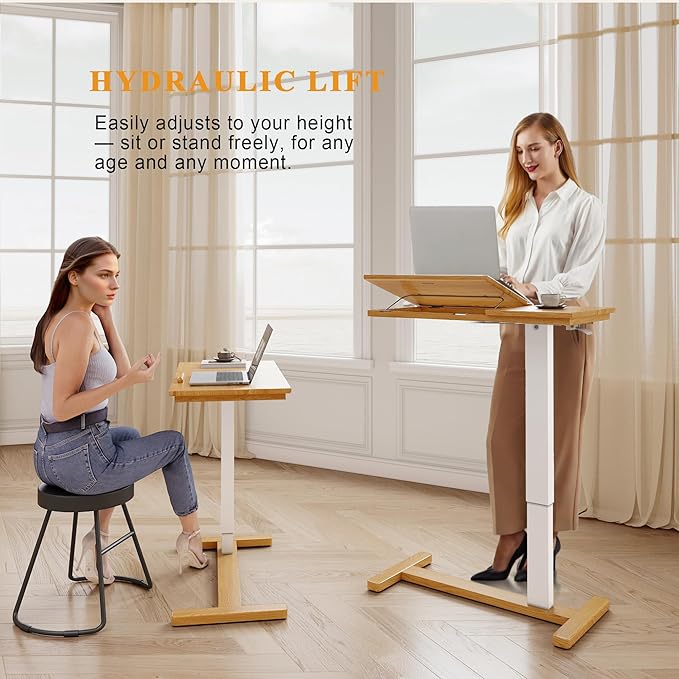 Solid Wood Overbed Bedside Table with Hidden Casters, Adjustable Hospital Bed Table Rolling Laptop Desk with Split Dual Desktop & Pneumatic Gas Spring Lift for Hospital, Home Use (Natural)