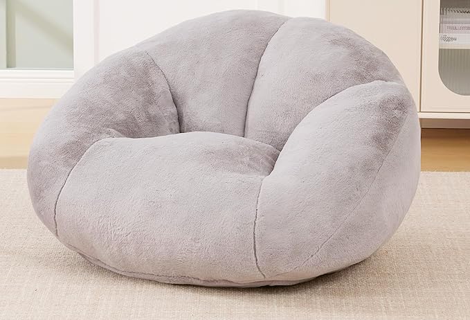 3.28 Feet Bean Bag Chair for Adults, Shell-Shaped Bean Bag Lazy Couch, Faux Fur Cloud Sofa Chair, Lounge Floor Sofa with Filler for Reading, Gaming & Watching, No Assembly Required (Light Grey)