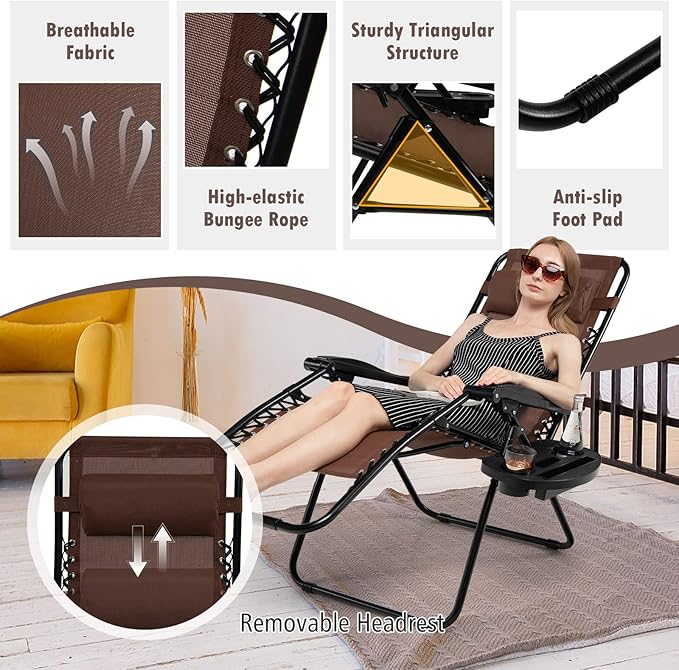 Tangkula Set of 2 Zero Gravity Chair, Folding Patio Lounge Chair Adjustable Outdoor Recliner with Cup Holder, Wide Armrest for Patio Garden Poolside Outdoor Yard Beach, Support 350 lbs (2, Brown)