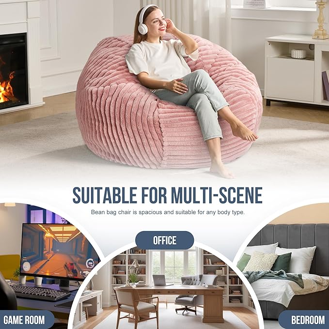 4ft Bean Bag Chairs for Adults Large Beanbag Chair with Stripe Plush Cover Big Bean Bag Chair for Living Room Bedroom Dorm Office