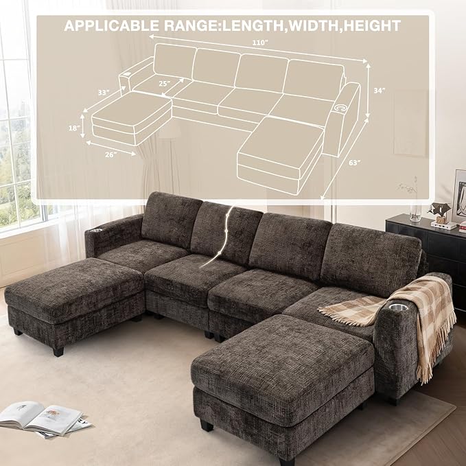 Lesofair 110" Convertible U-Shape Couch with 2 Flexible Ottomans, Soft Sectional Sofa with 2 Built-in Cup Holders, Chenille 4 Seats Sofa with Well-Filled Back Cushions for Living Room, House, Brown