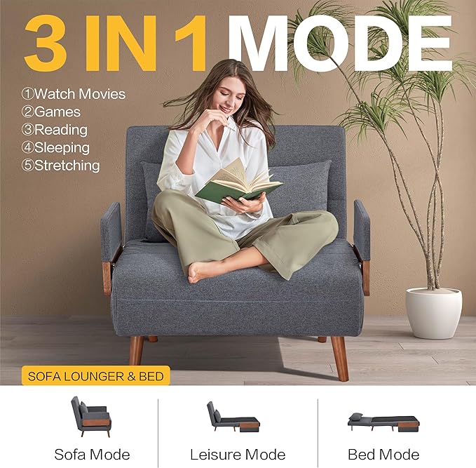 CITTANEO 34" Convertible Sleeper Chair, 3-in-1 Chair Bed Sleeper for Adults with 3-Position Adjustable Backrest, Pillow and Wooden Arms, Folding Sofa Bed for Apartment, Dorm, Office, Gray