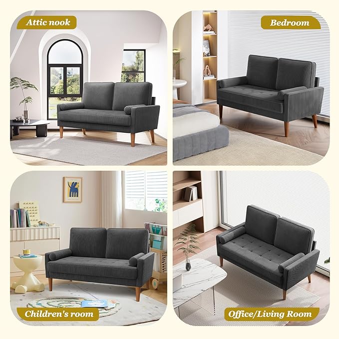 Loveseat Sofa with Solid Wood Legs,48" Small Corduroy Couches for Small Spaces, Mid Century Modern Love Seat for Living Room, Bedroom, Easy Assembly with Throw Pillow, Grey