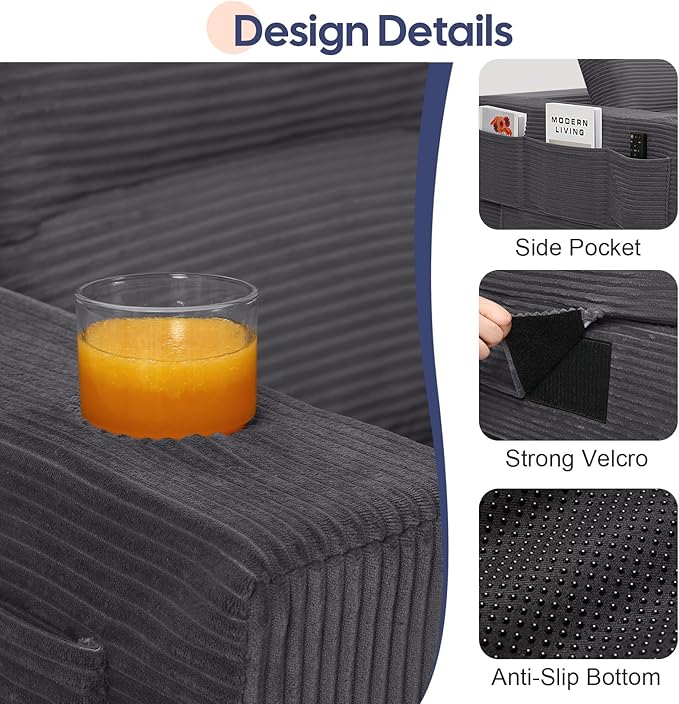 COMAX Futon Sofa Bed 3 Seater, 106" Convertible Sofa Bed Couches for Living Room, 4 in 1 Folding Boneless Sleeper Corduroy Couch Foam in a Box, Comfy Foldable Lounge Fold Out Floor Mattress, Grey